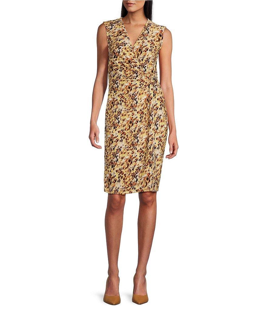 Kasper Printed Surplice V Neckline Sleeveless Faux Wrap Dress Product Image