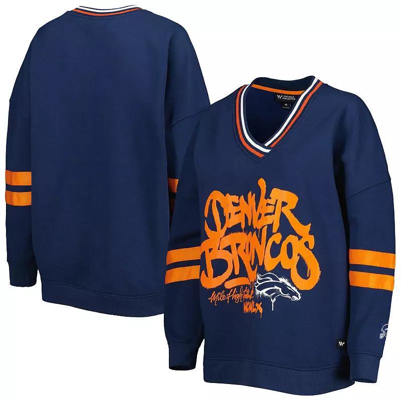 Womens The Wild Collective Navy Denver Broncos Vintage-like Pullover V-Neck Sweatshirt Product Image