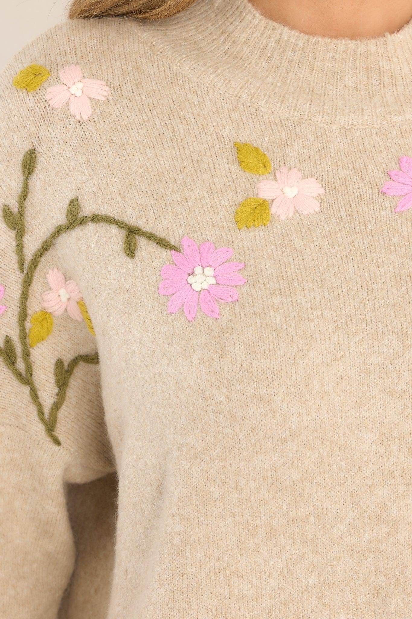 I Remember Taupe Floral Embroidered Sweater Floral Print Product Image