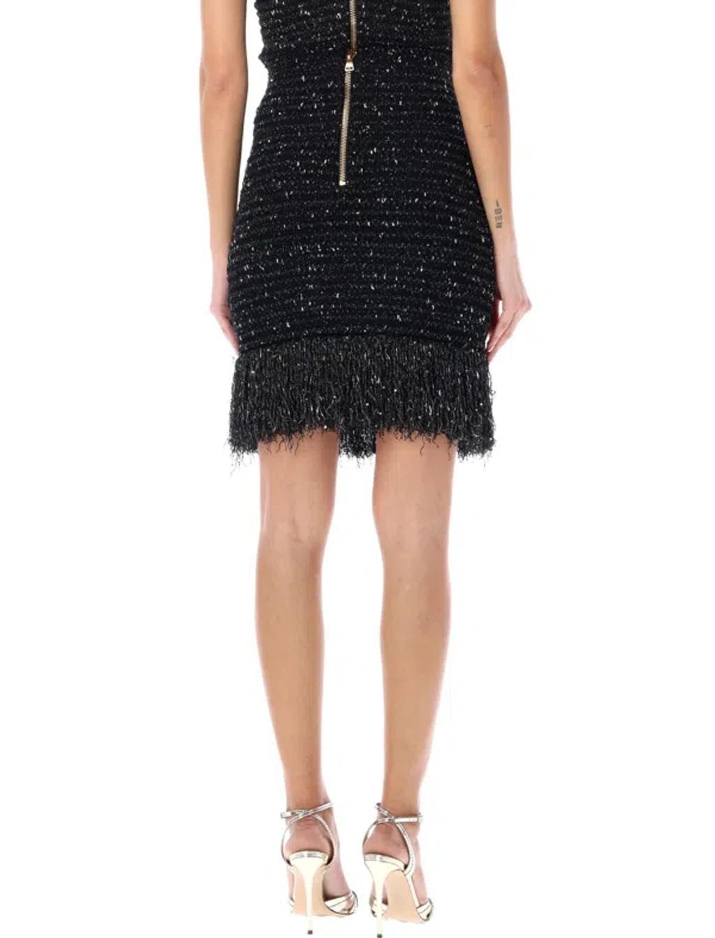 BALMAIN Trendy Lurex Tweed Skirt With Fringe Detail For Women In Nero Oro Product Image