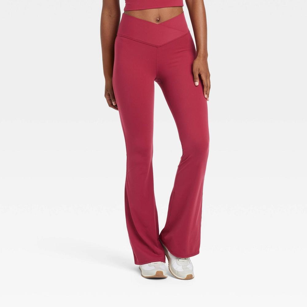 Womens High Rise Crossover Waistband Flare Leggings - JoyLab Burgundy Product Image