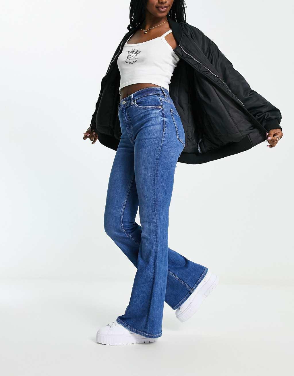 Bershka high rise flared jeans in mid blue Product Image