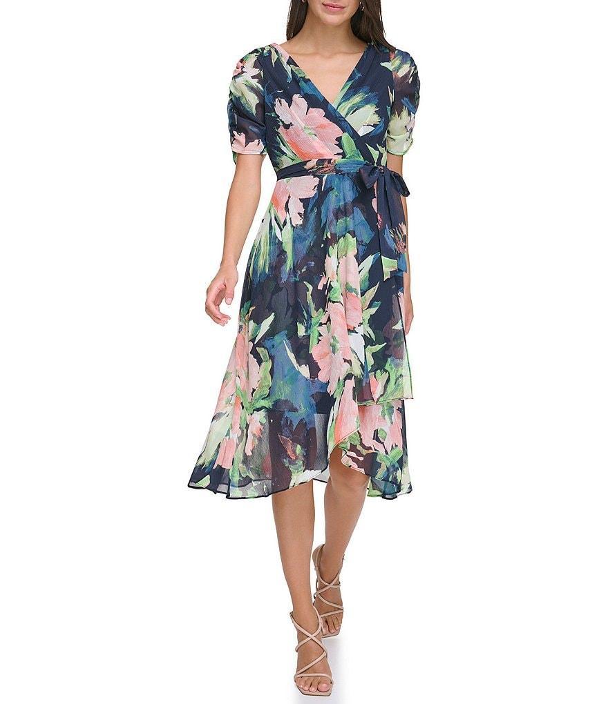 DKNY by Donna Karan Floral Surplice V-Neck Short Sleeve Faux Wrap Midi Dress Product Image