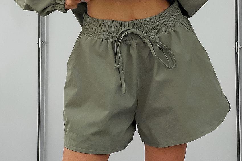 Set: Stand Collar Plain Zip-Up Crop Jacket + High Waist Wide Leg Shorts Product Image