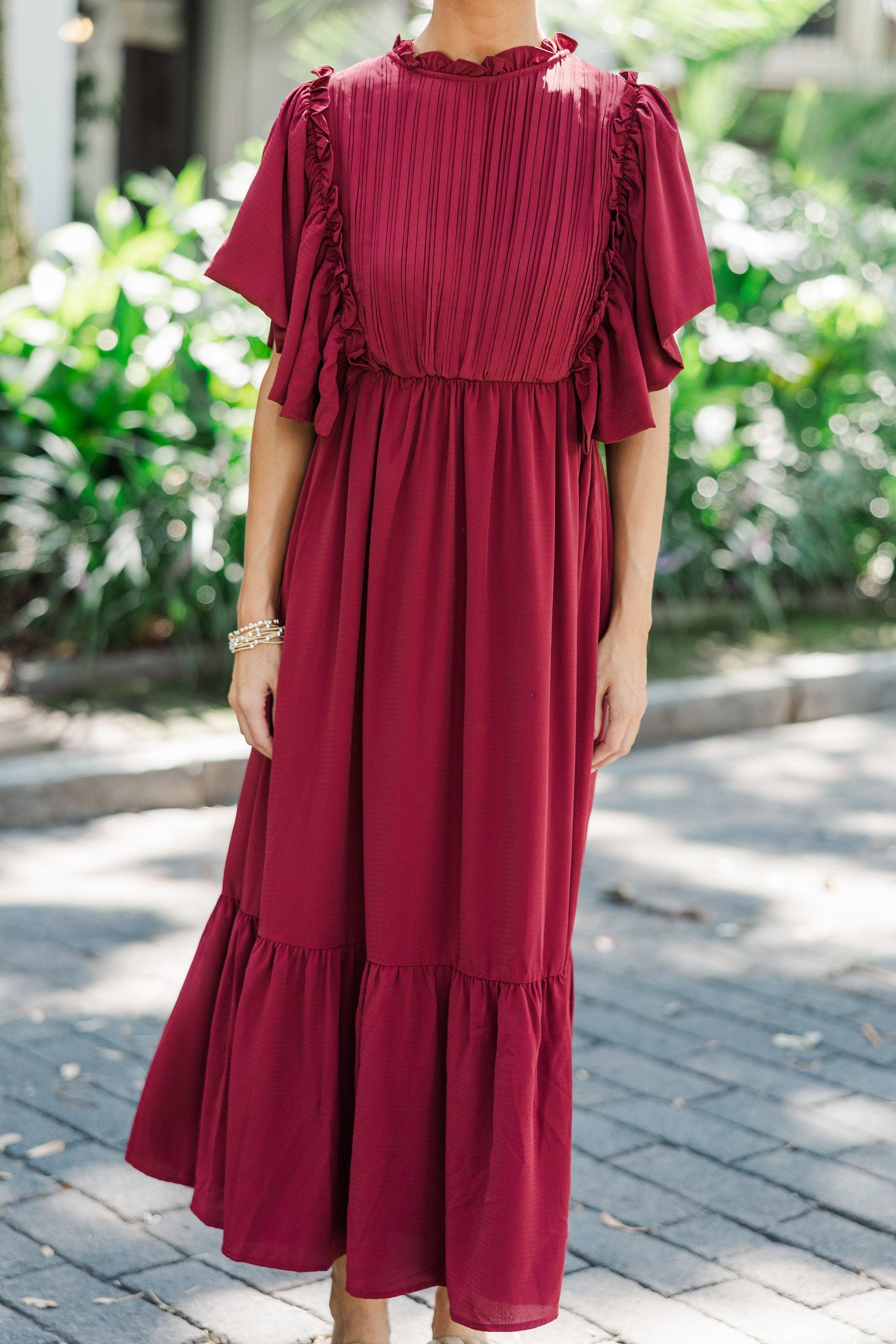 All The Good Burgundy Red Ruffled Midi Dress Female Product Image