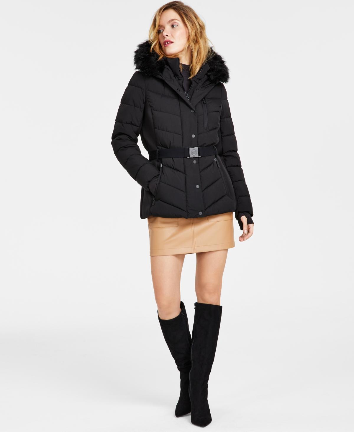 Michael Michael Kors Womens Belted Faux-Fur-Trim Hooded Puffer Coat Product Image