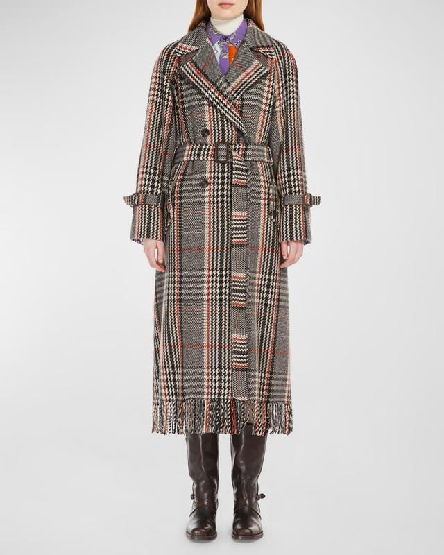 Gommoso Belted Plaid Fringe-Trim Coat Product Image