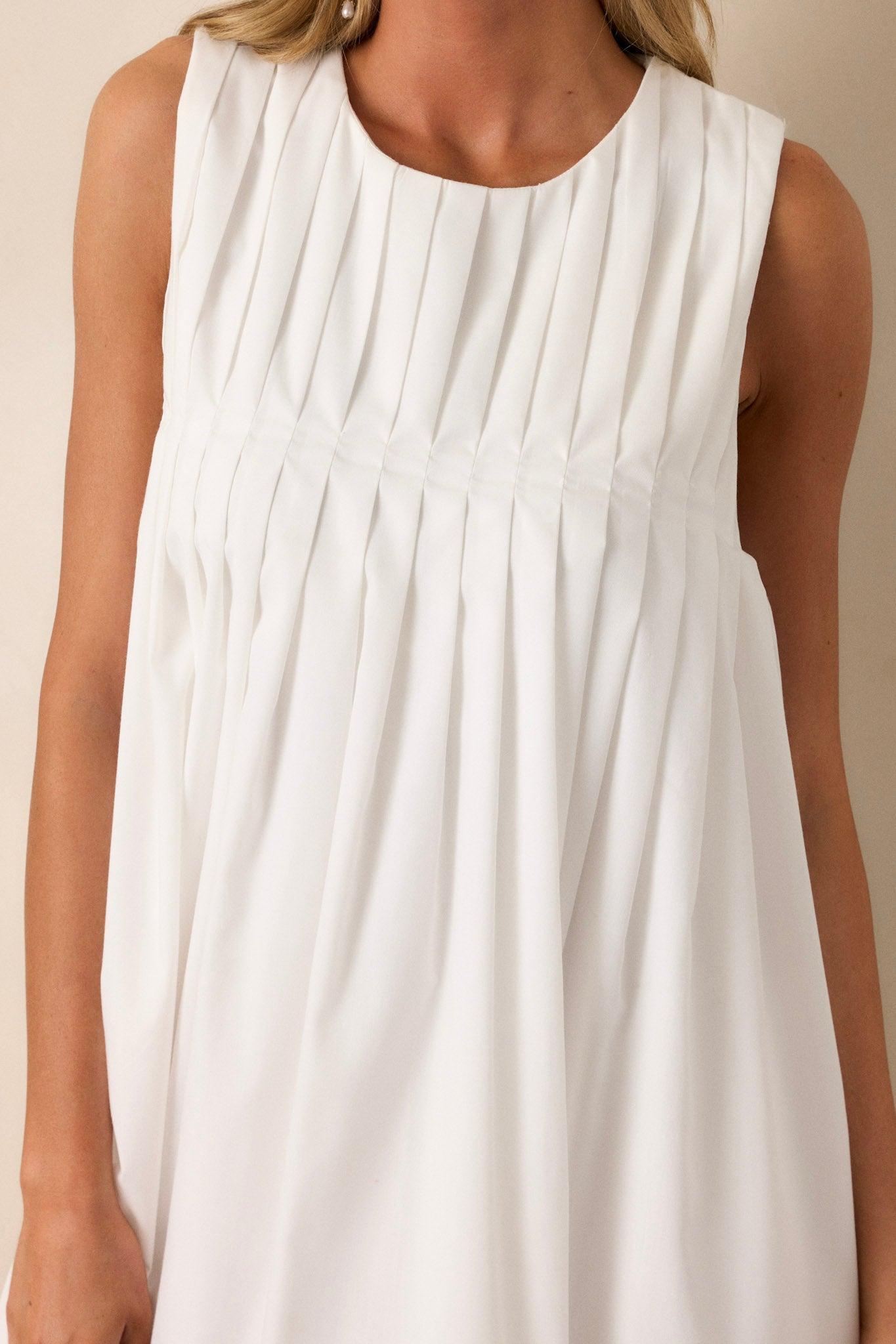 Pleated Petal White Mini Shift Dress Product Image