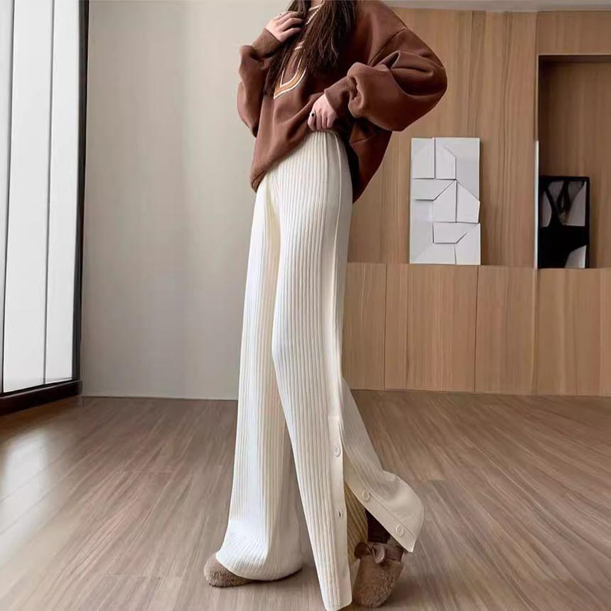 High Rise Button Hem Ribbed Wide Leg Knit Pants Product Image