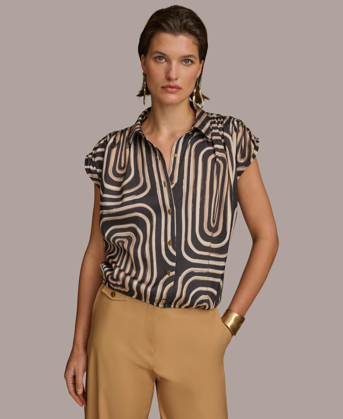 Donna Karan Womens Short-Sleeve Printed Button-Front Shirt - Cream Product Image