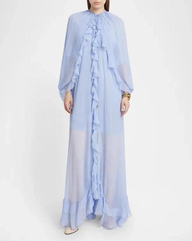 Ruffled Silk Maxi Cape Dress In Blue Product Image