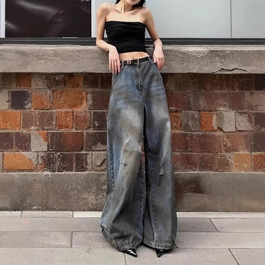 High Rise Washed Ripped Wide Leg Jeans Product Image