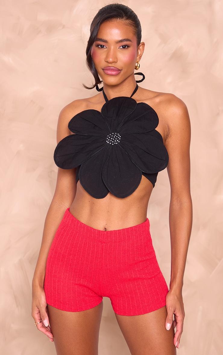 Black Linen Look Floral Diamante Tie Back Crop Top Product Image