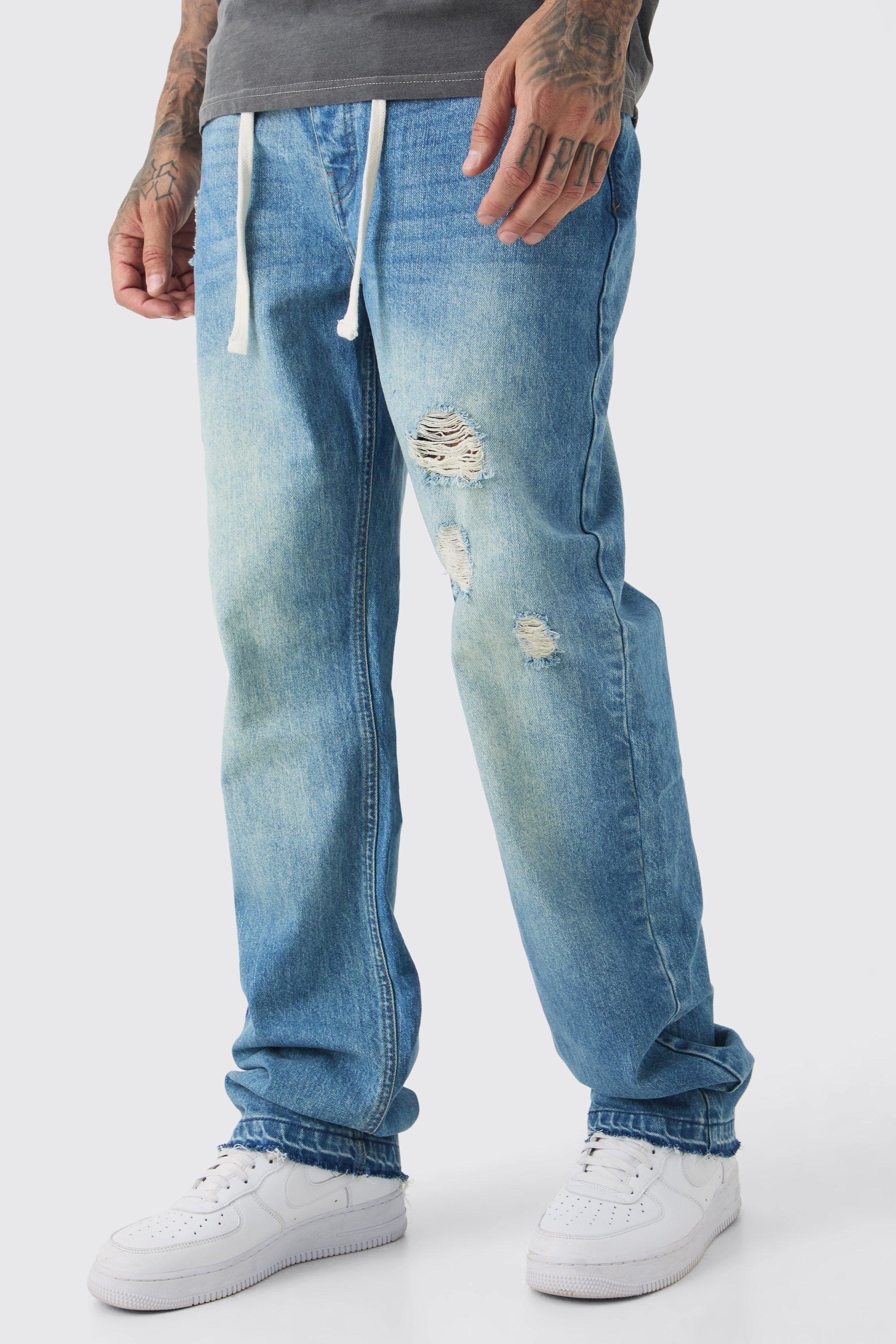 Mens Blue Tall Relaxed Ripped Let Down Hem Jeans With Extended Drawcords, Blue Product Image