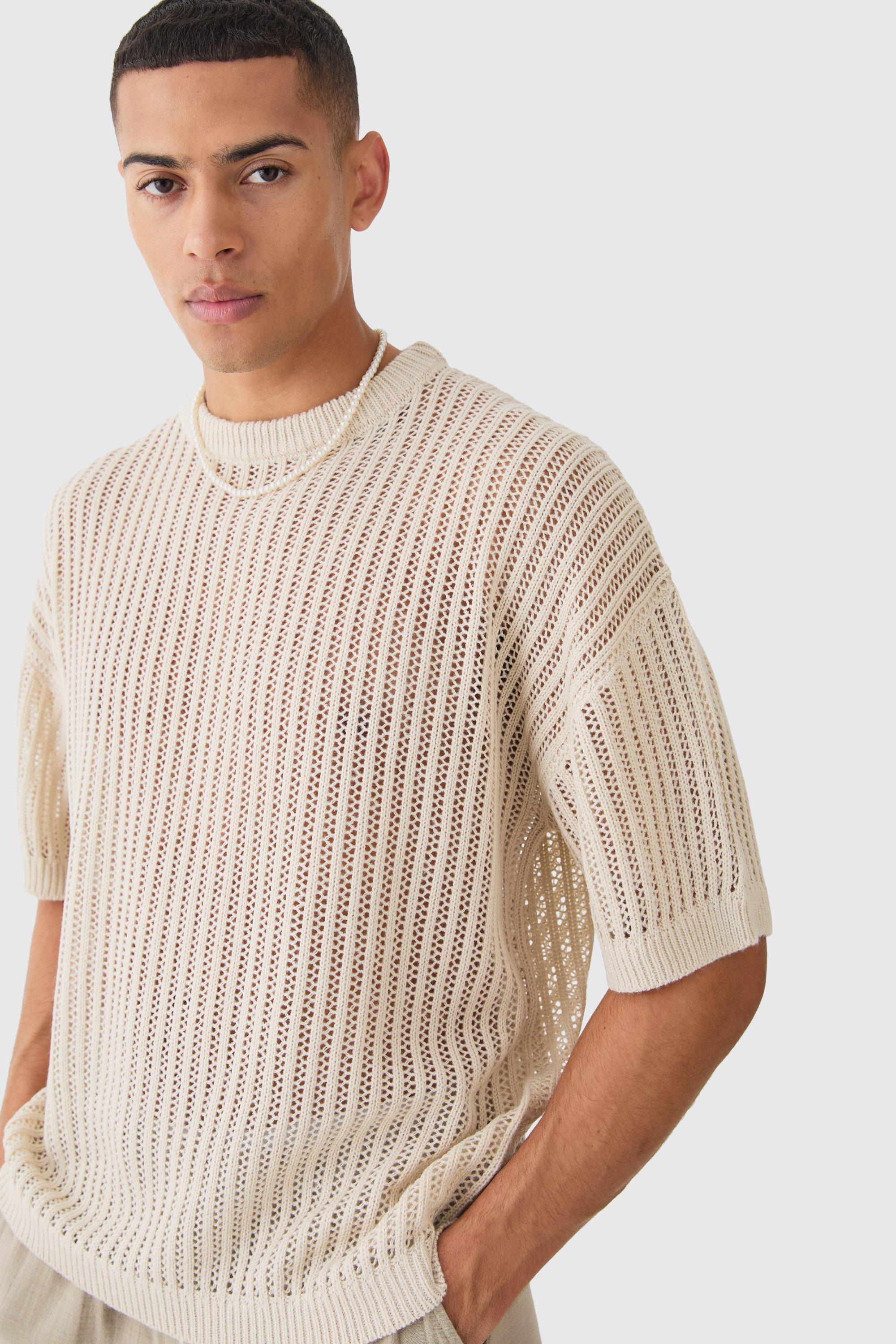 Oversized Drop Shoulder Open Stitch T-shirt In Stone | boohooMAN USA Product Image