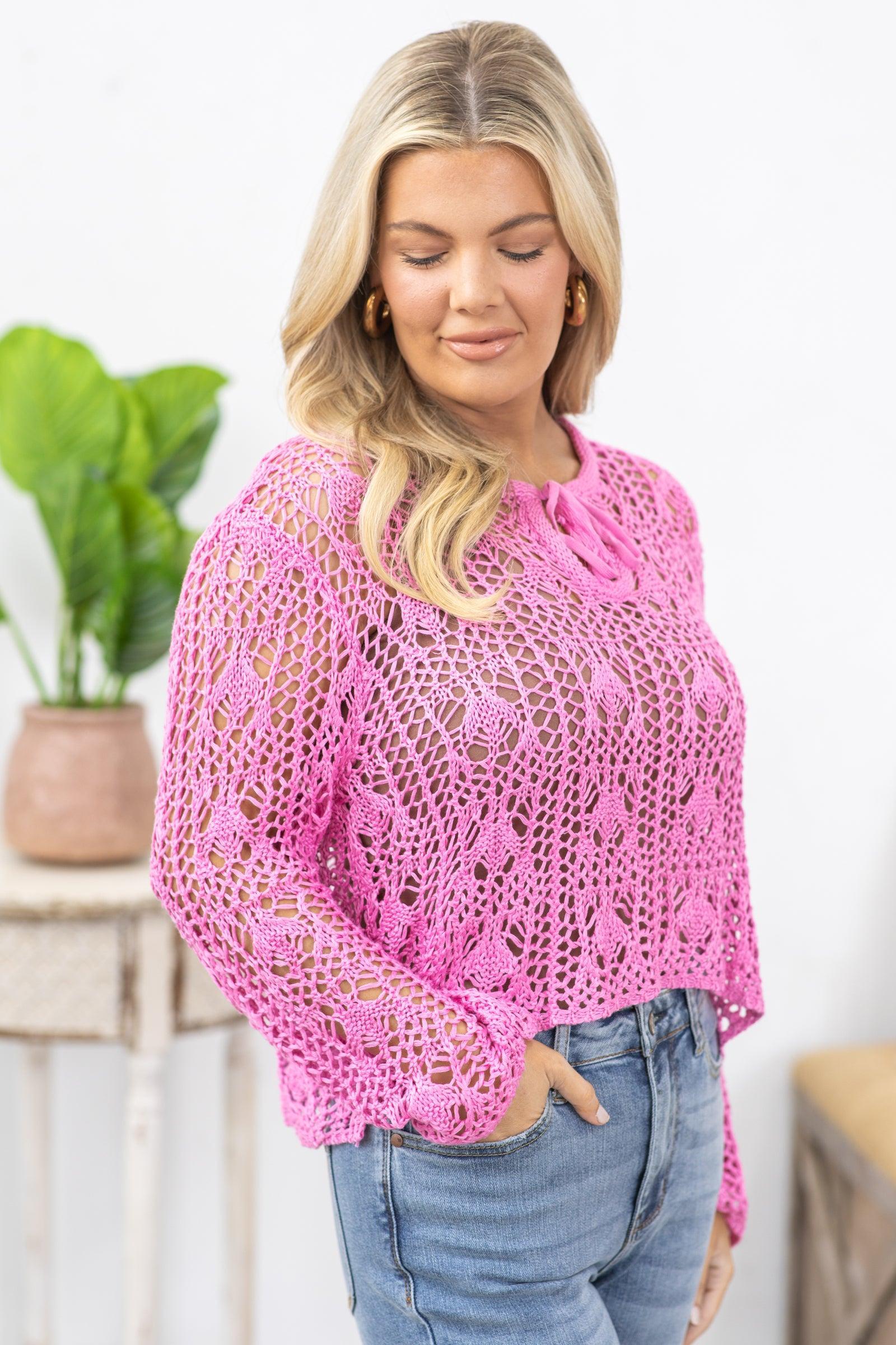 Pink Soft Loose Crochet Boho Knit Top Product Image