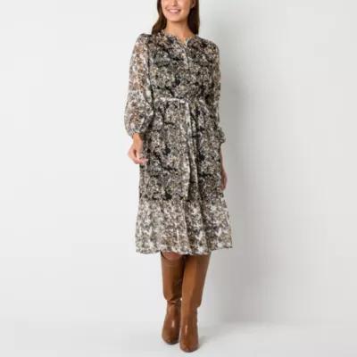 Frye and Co. Womens Long Sleeve Floral Midi Fit + Flare Dress Product Image