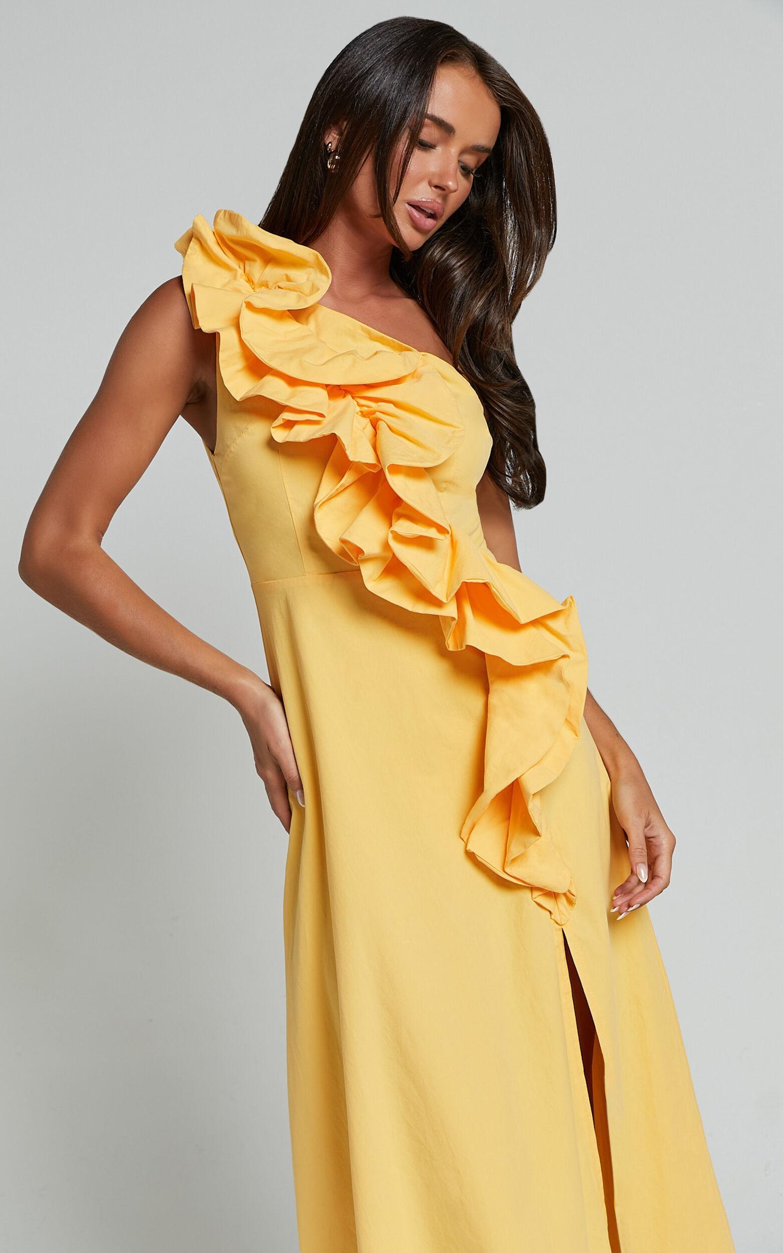 Rita Midi Dress - One Shoulder Ruffle Detail Dress in Yellow Product Image