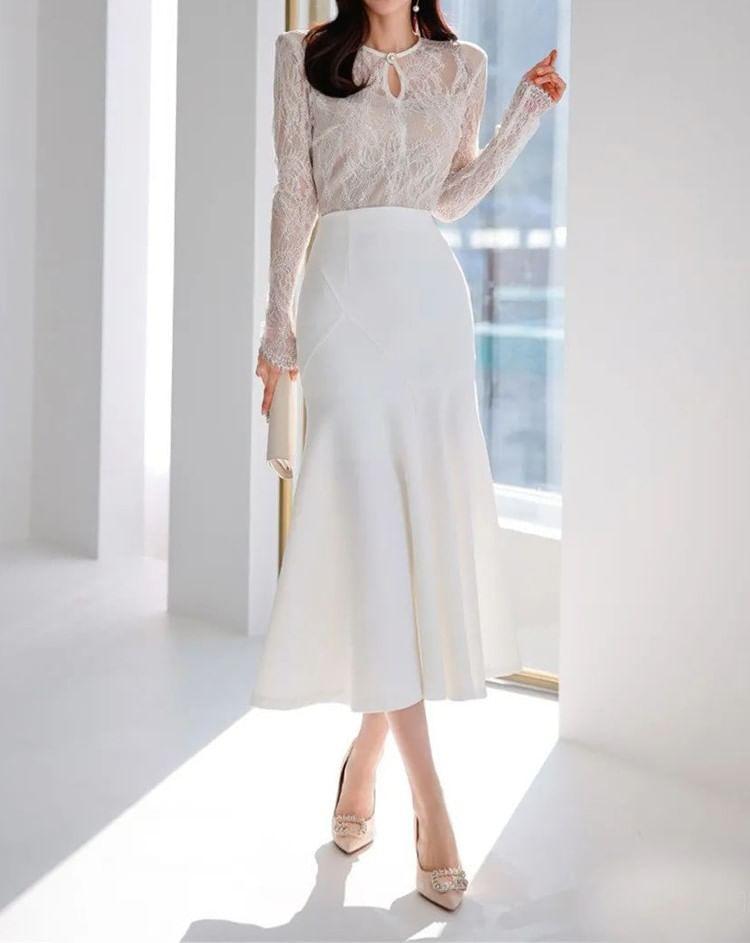 Long-Sleeve Cutout Lace Panel Midi A-Line Dress Product Image