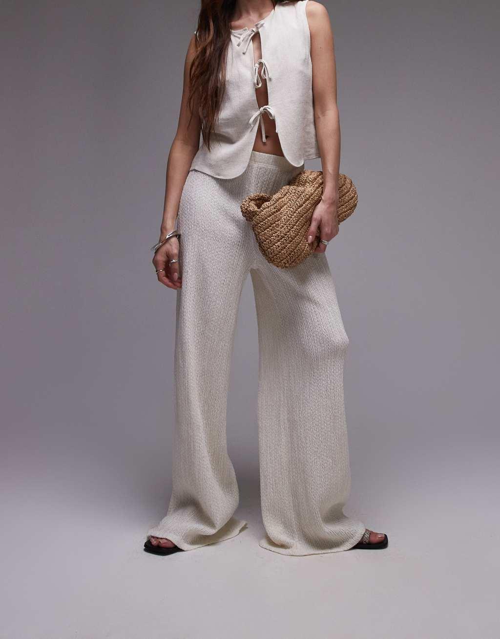 Topshop textured beachy wide leg pants in cream Product Image