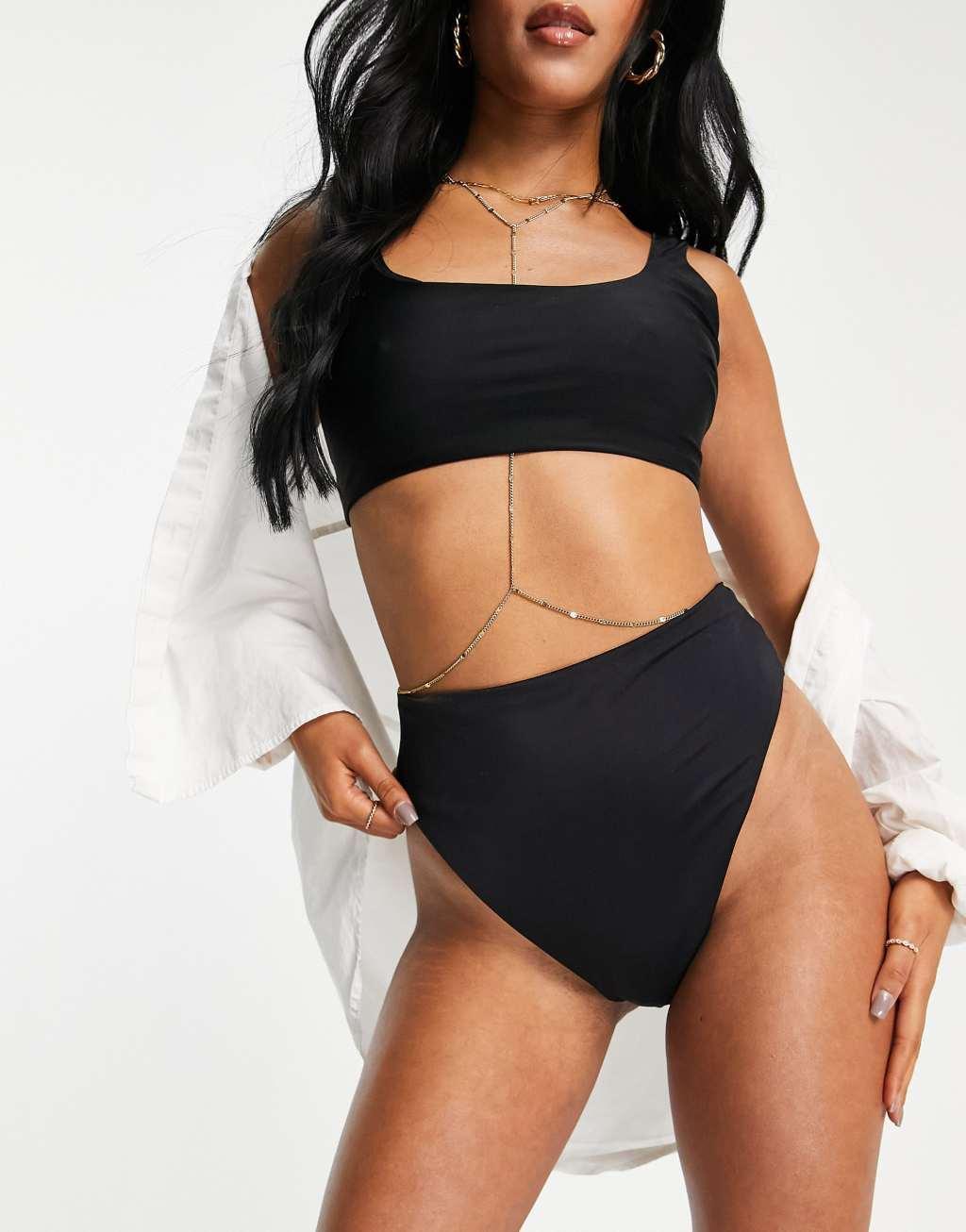 ASOS DESIGN Tall mix and match high leg high waist bikini bottom in black   Product Image