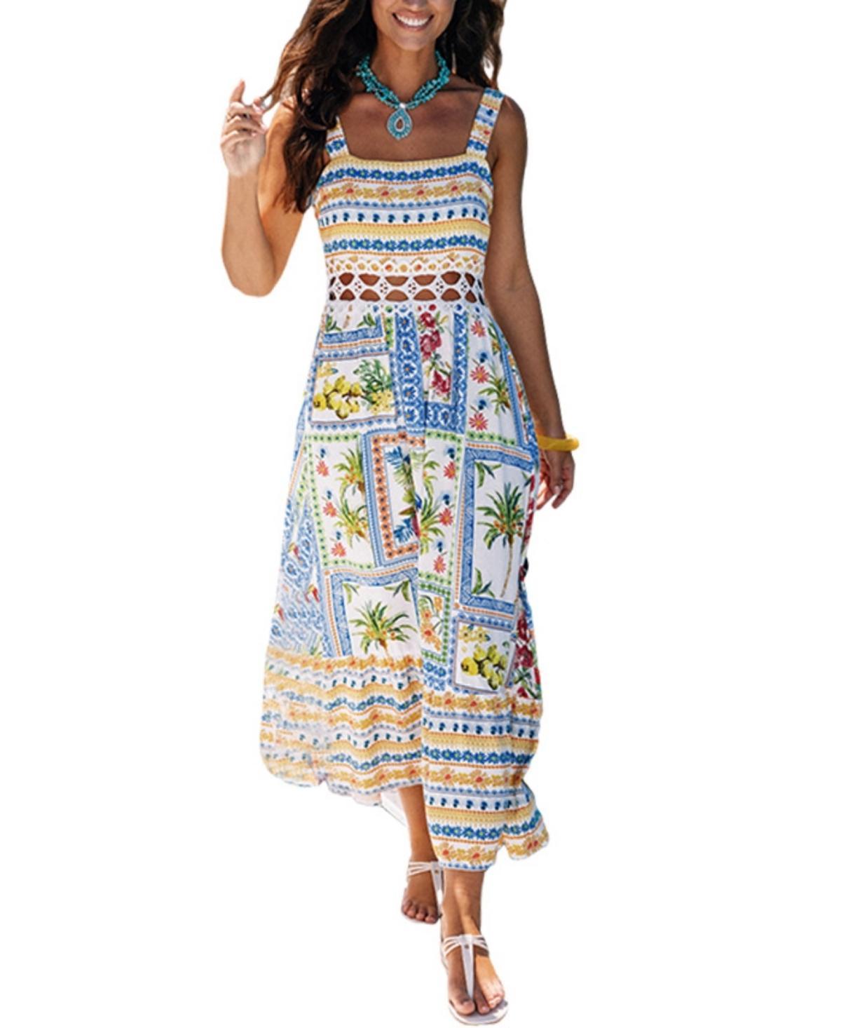 Women's Tropical Print Crochet Maxi Beach Dress Product Image