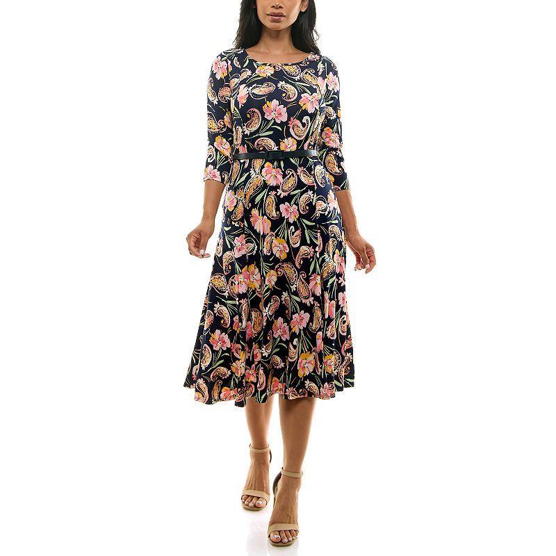 Womens Nina Leonard Sylvia Three-Quarter Sleeve Belted Dress Navy Brown Team Product Image