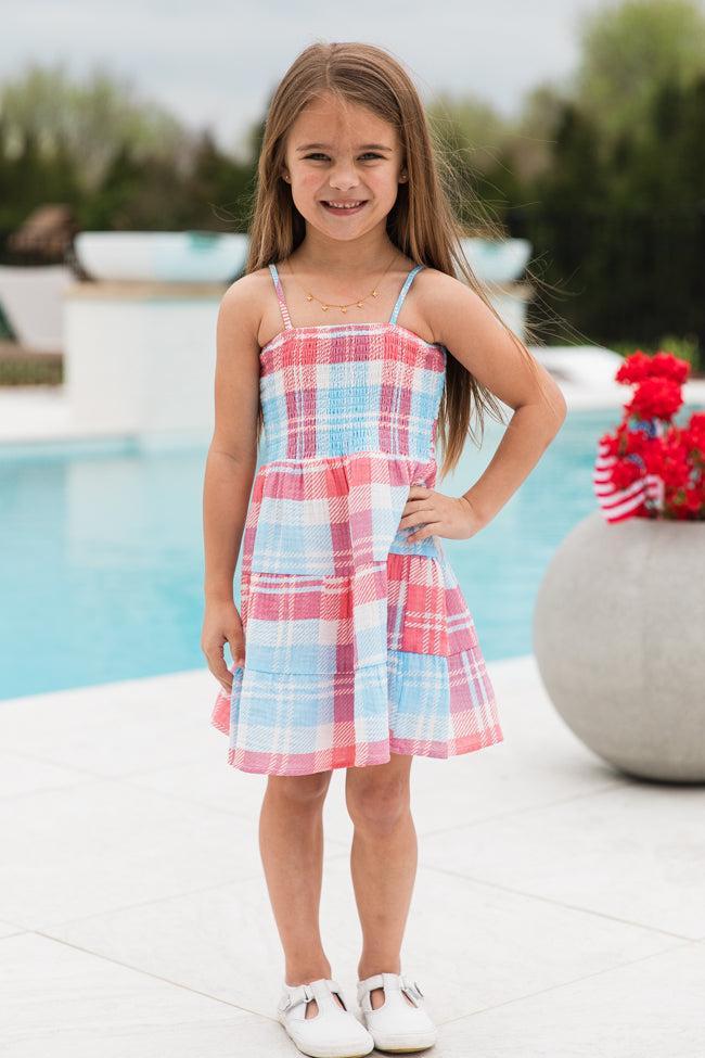 Kid's Tea With You Red and Light Blue Plaid Gauze Dress Product Image