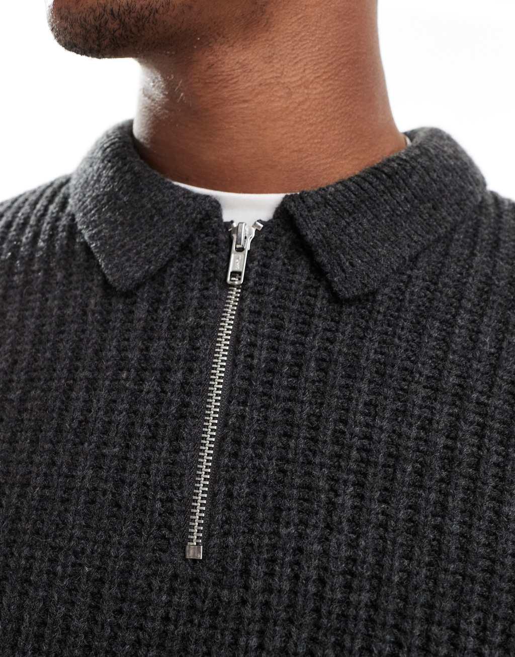 ASOS DESIGN wool mix oversized heavyweight quarter zip rib sweater with collar in charcoal Product Image