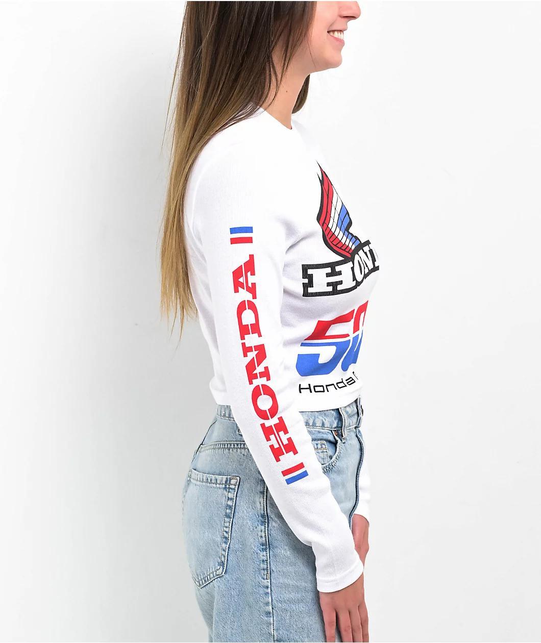 JT Racing x Honda Finish Line White Long Sleeve Crop T-Shirt Product Image