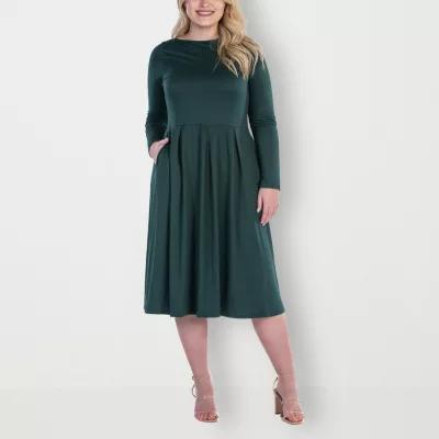 24seven Comfort Apparel Womens Long Sleeve Midi Fit + Flare Dress Plus Product Image