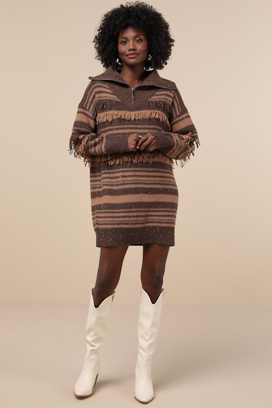 Ultimate Coziness Brown Striped Quarter-Zip Sweater Mini Dress Product Image