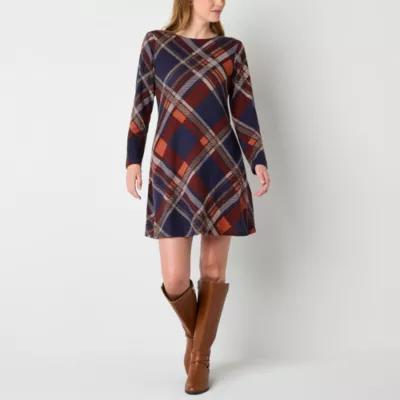 R & K Originals Womens Long Sleeve Plaid Shift Dress Product Image