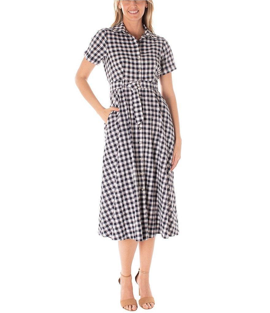 Maison Tara Short Sleeve Collared Neck Belted Gingham Midi Dress Product Image