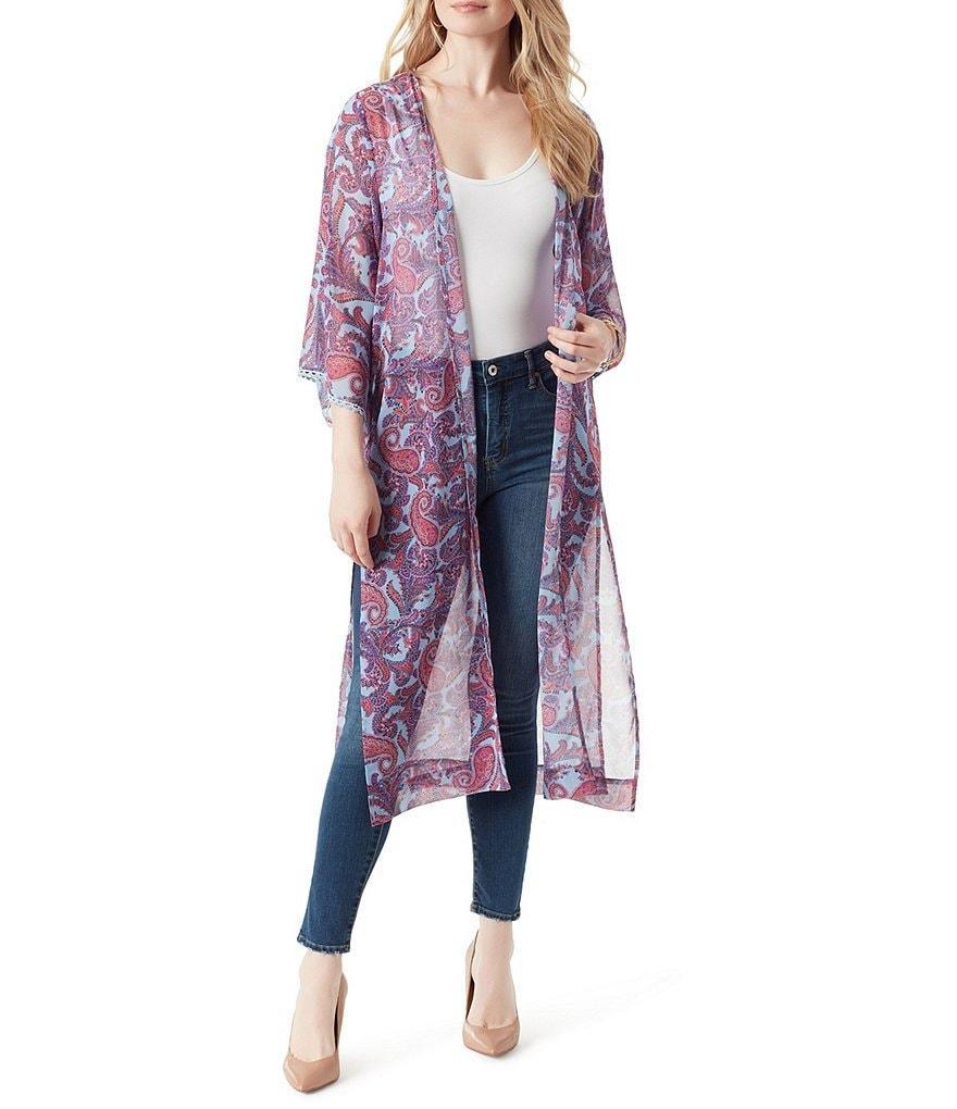 Jessica Simpson Blakely Paisley Printed 3/4 Sleeve Side Slit Long Kimono Product Image