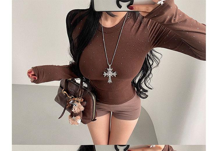 Long Sleeve Crew Neck Plain Rhinestone T-Shirt Product Image