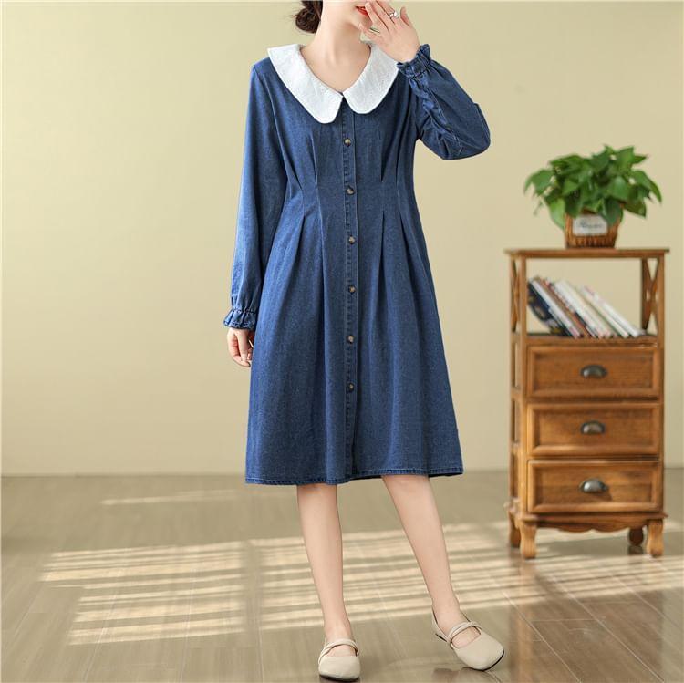 Long-Sleeve Collared Denim A-Line Shirt Dress Product Image