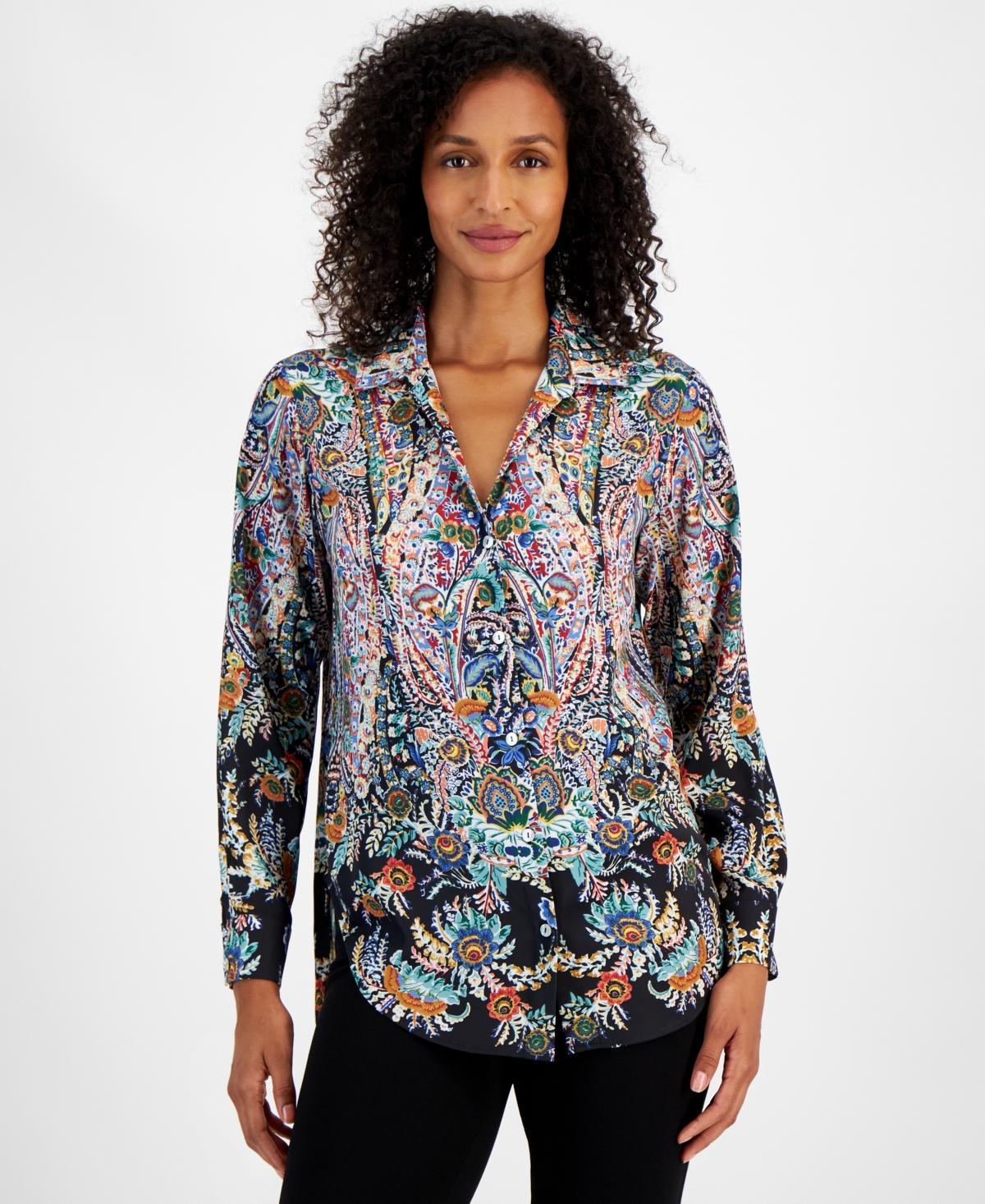 T Tahari Womens Printed Satin Button-Front Top Product Image