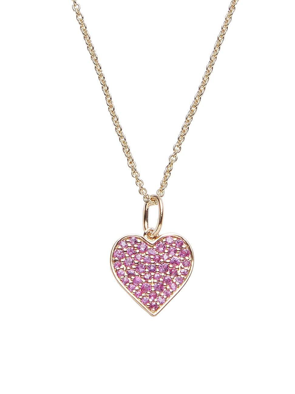 Womens 14K Yellow Gold & Pink Sapphire Heart Charm Necklace Product Image