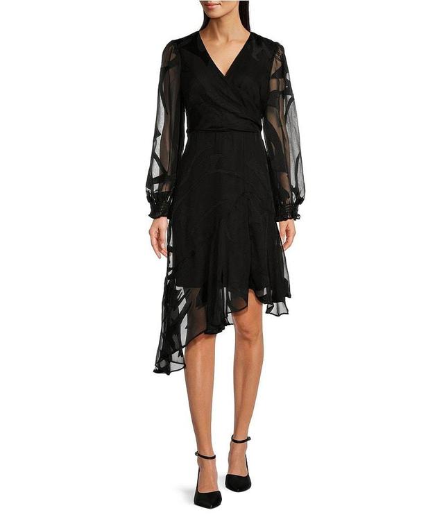 DKNY Woven Crossover Surplice Neck Balloon Long Sleeve Asymmetrical Ruffle Hemline Burnout Print Dress Product Image