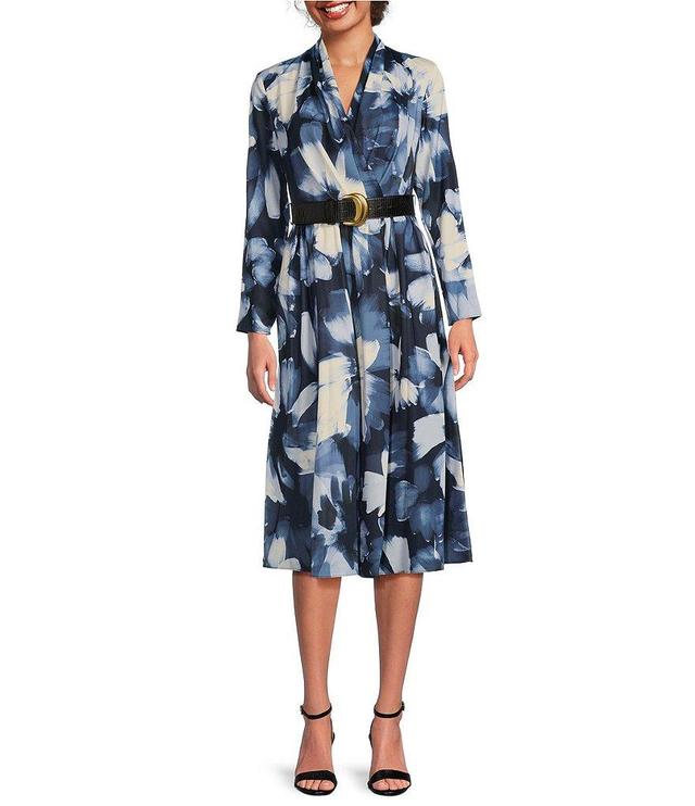 Donna Karan V-Neck Long Sleeve Belted Fit and Flare Midi Dress Product Image