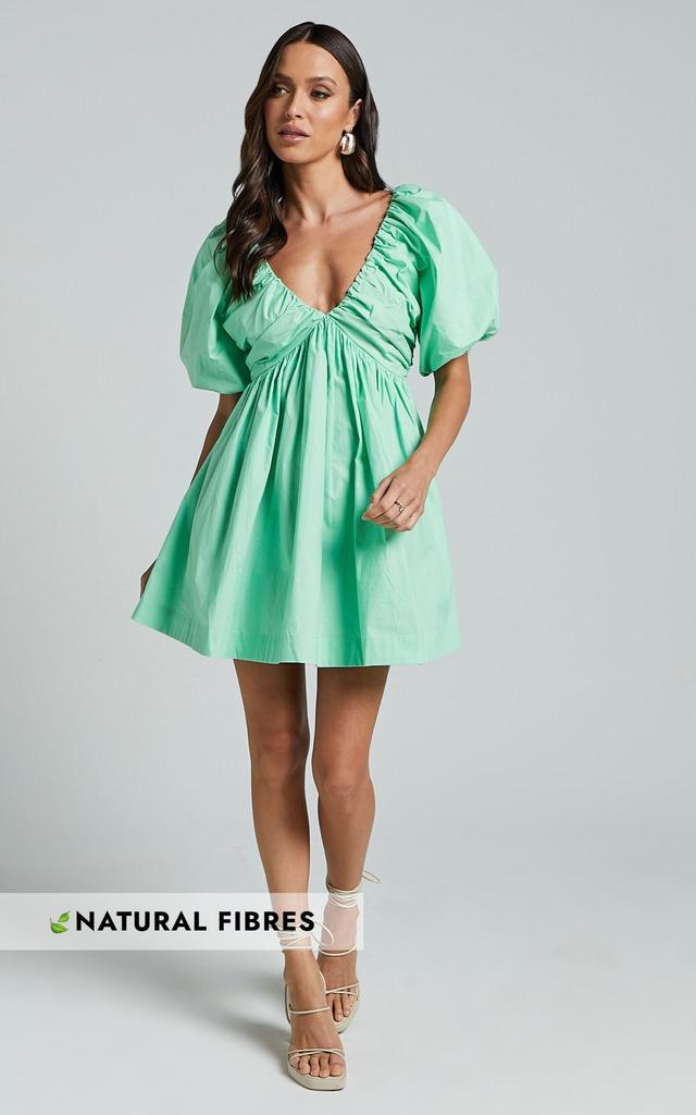 Celie Mini Dress - Puff Sleeve Empire Waist Dress in Mint Green Product Image