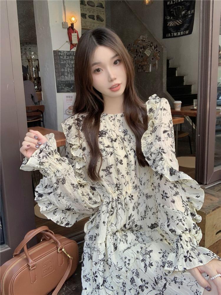 Long-Sleeve Crewneck Frill Trim Floral Print Mini A-Line Dress Product Image