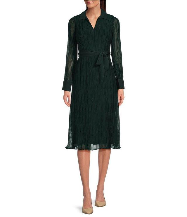 DKNY by Donna Karan Petite Size Point Collar Long Sleeve Belted A-Line Midi Dress Product Image