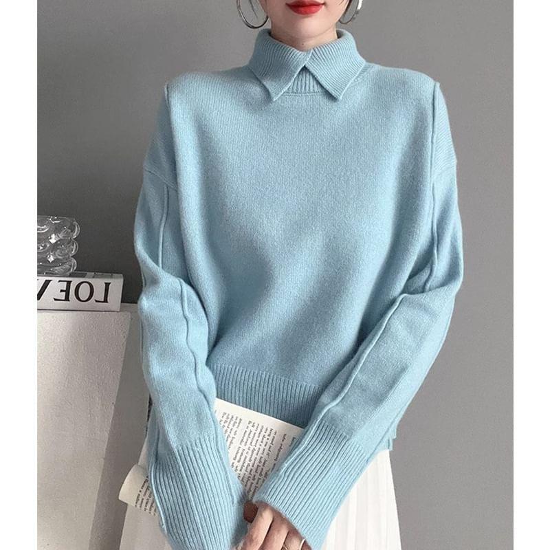 Long-Sleeve Polo-Neck Plain Sweater Product Image