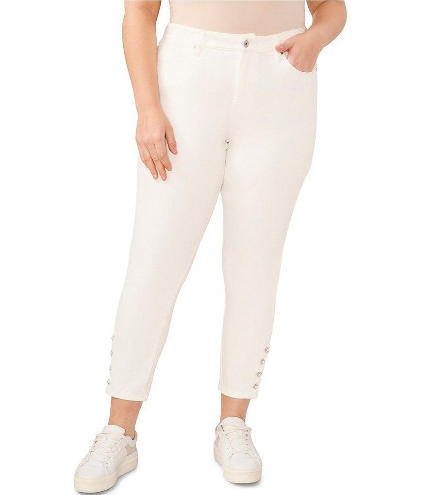 CeCe Plus Size High-Rise Indigo Denim Pearl Button Hem Skinny Jeans Product Image