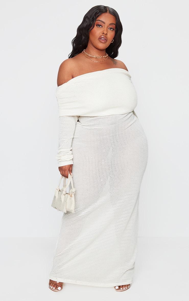 Plus Cream Waffle Texture Extreme Fold Over Bardot Maxi Dress Product Image