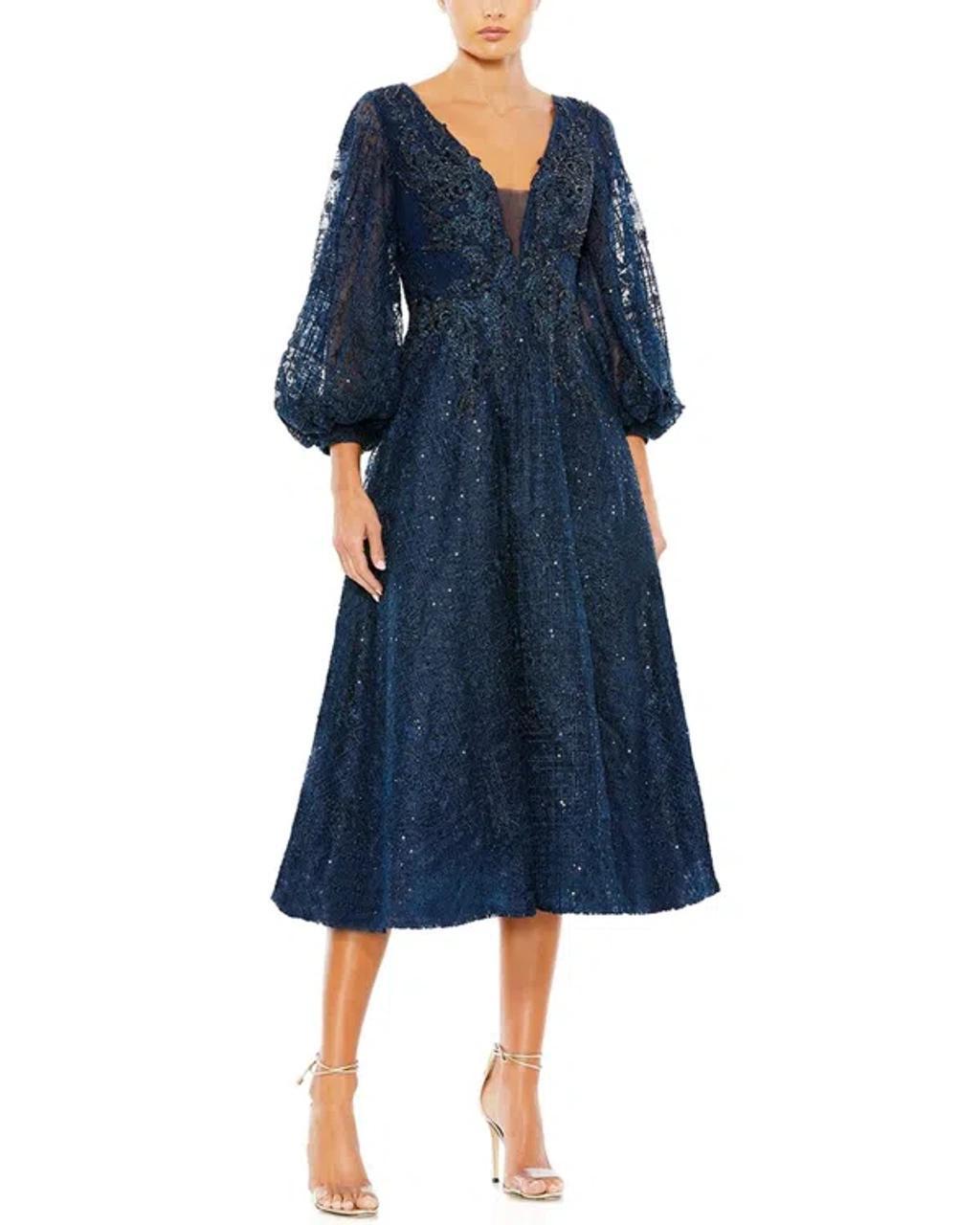 Embellished Plunge Neck Bishop Sleeve Dress In Blue Product Image