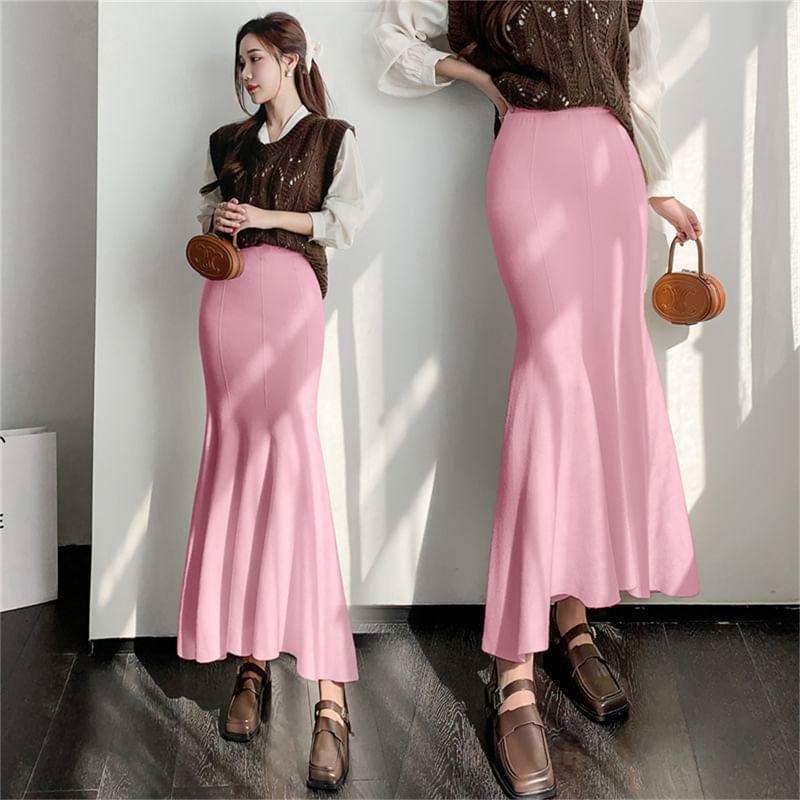 High Rise Plain Midi Mermaid Knit Skirt Product Image