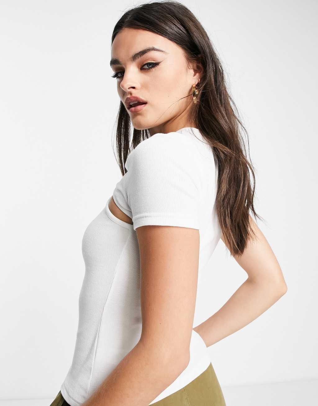 Topshop keyhole cut out short sleeve tee in ecru Product Image